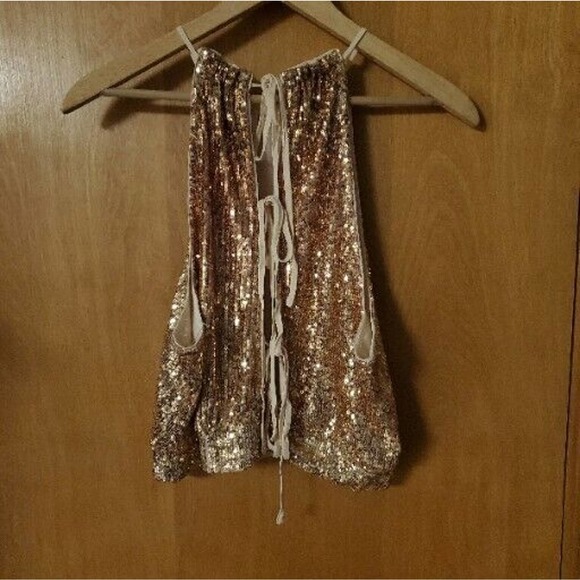 Free People Lights Out Gold Sequin Halter Tank Top Open Tie Back Large EUC - Picture 4 of 6